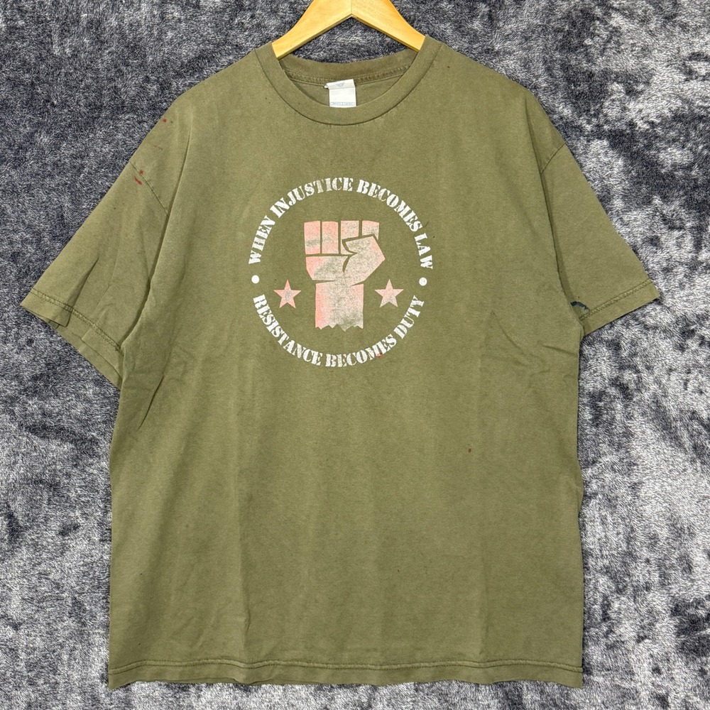 Vintage Injustice Resistance Fist Tee Olive Green XL 90s Y2K Activist Politics